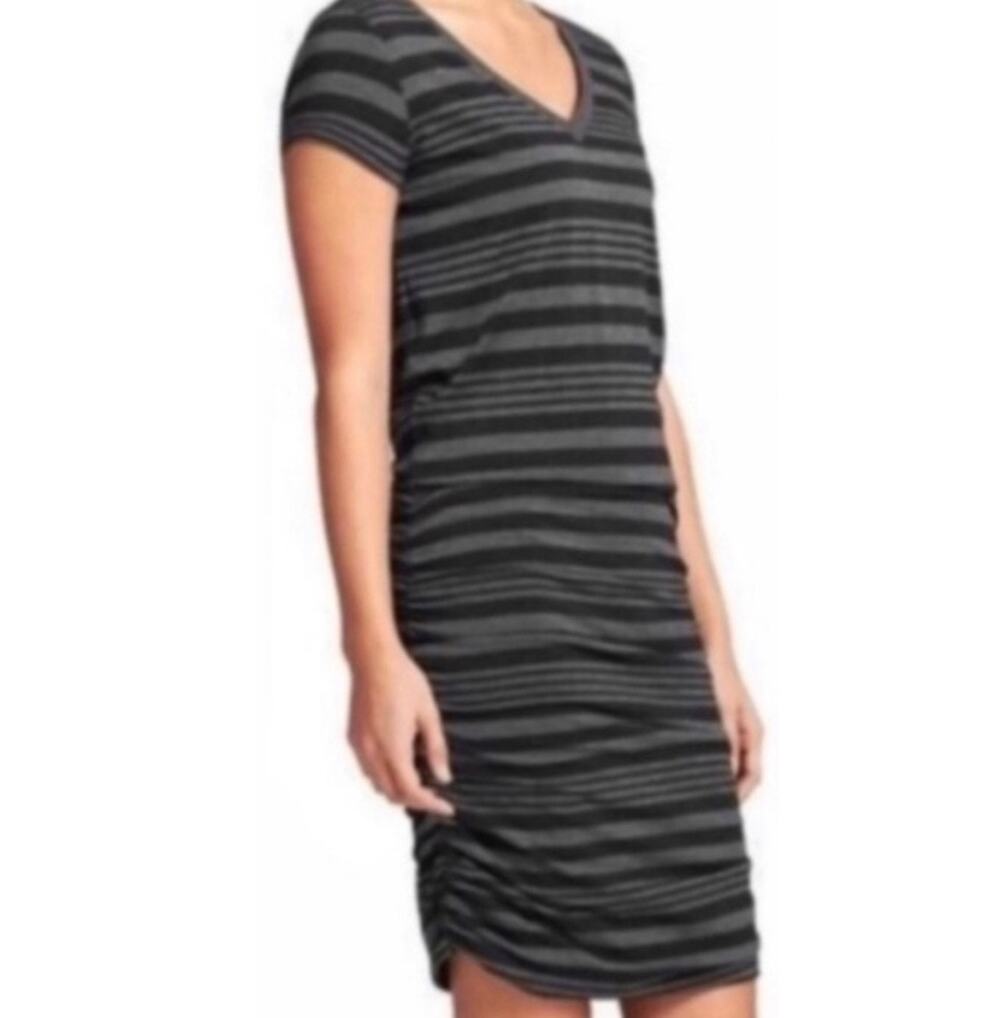 Athleta Topanga Ruched Striped Midi Dress Black Gray S